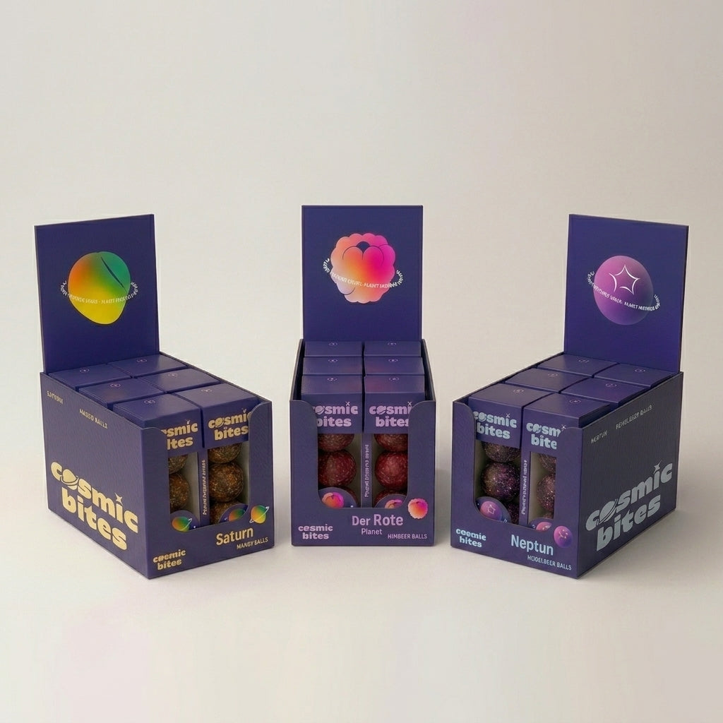 Großes Bundle verschiedener Geschmackssorten der galaktischen Cosmic Bites Energy Balls. Die ideale Ansammlung an gesunden Snacks mit nur 25% Datteln und einmaligem Geschmack.