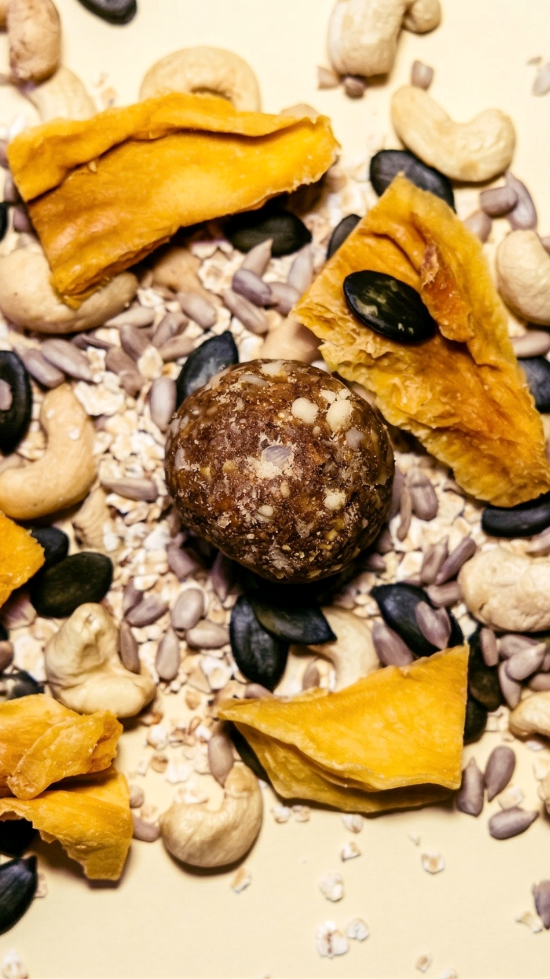 Cosmic Bites Energy Ball inspiriert vom Planet Saturn mit getrockneter Mango, Cashews und Kernen auf einem Bett aus natürlichen Zutaten – gesunder Snack mit wenig Datteln.